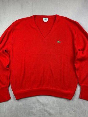 Vtg Izod Lacoste Men Sweater XL Red V-Neck Long Sleeve Pullover Knit Made In USA